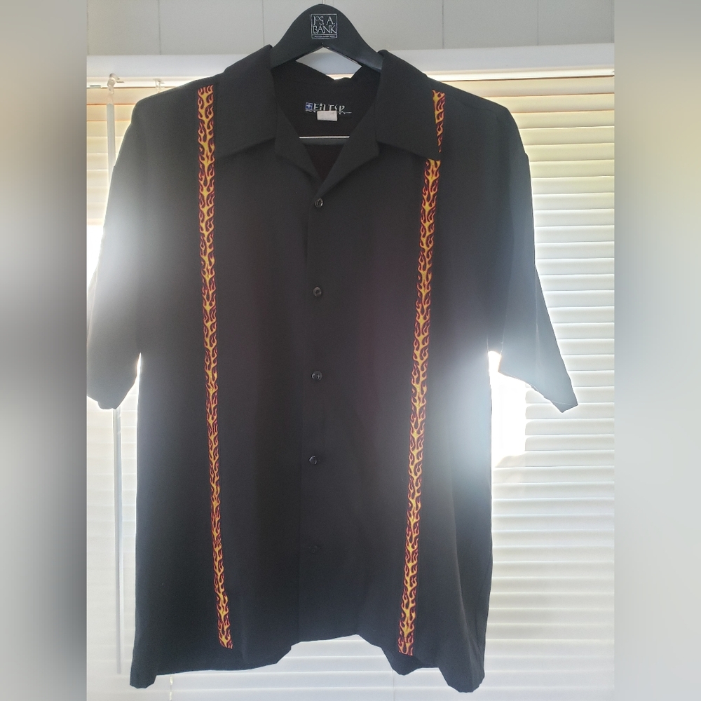 Vintage Y2k Filter mens button down s/s bowling shirt with flames